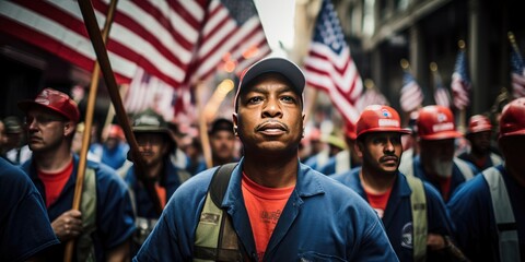 Fototapeta na wymiar Group of American workers on the street. Generative AI
