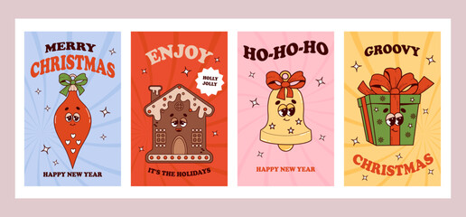 Christmas groovy posters. Retro cartoon characters gingerbread house, tree toys and gift. Vibes 70s. Merry Christmas and Happy New year