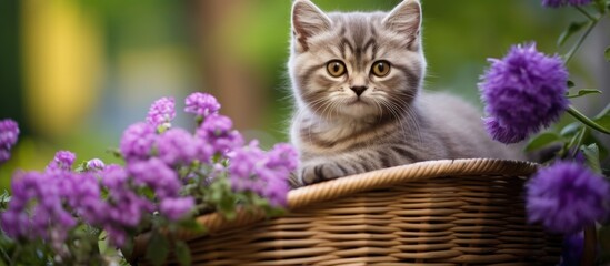 Tiny kitten in a basket by purple daisies in a garden