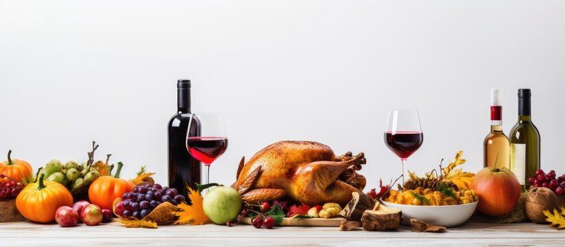 Thanksgiving food with chicken cranberry sauce pumpkin pie wine vegetables and fruits on white table Traditional autumn holiday concept