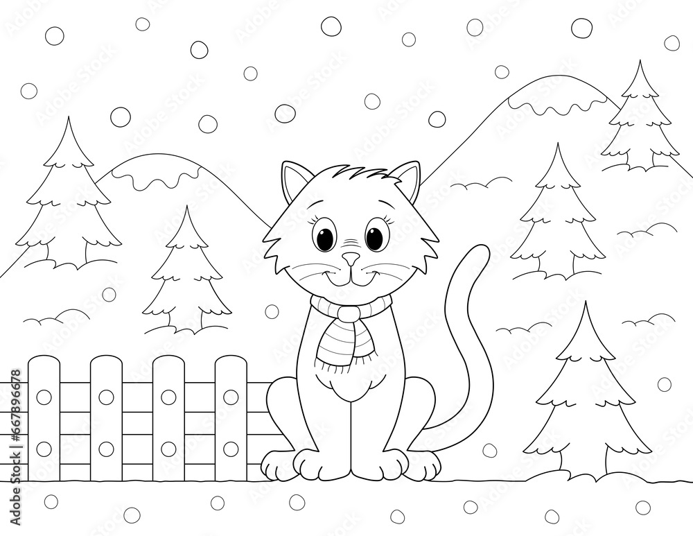 Wall mural cartoon cat in winter coloring page. you can print it on standard 8.5x11 inch paper - Wall murals