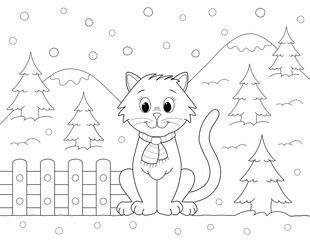 cartoon cat in winter coloring page. you can print it on standard 8.5x11 inch paper