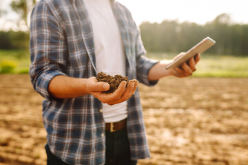 Agriculture, gardening or ecology concept. The farmer's hands collects the soil and checks its health before growing the crop. 