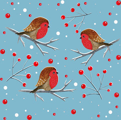 Pattern with bullfinch birds on a blue background.  Can be used as greeting postcards, prints, textile design, packaging design.