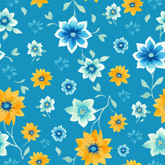 Seamless pattern consisting from blue and yellow beautiful flowers and leaves on light blue background