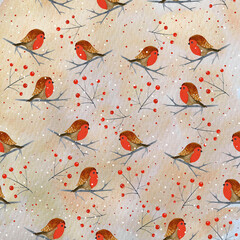 Seamless pattern with bullfinch birds on a beige background.  Can be used as greeting postcards, prints, textile design, packaging design.