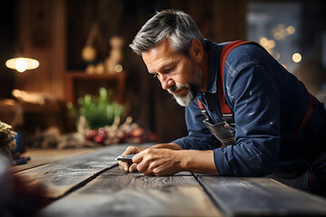 Professional builder man laying laminate flooring at home - obrazy, fototapety, plakaty
