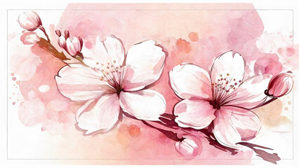 Close Up of Cherry Blossoms Japanese Pink Sakura Watercolor Painting Over Blurred Background. Spring Flower Seasonal Nature Background