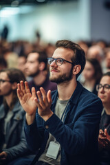 A young man startupper is clapping on a business conference