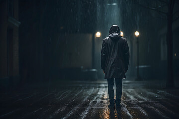Lonely man in a raincoat standing in a dark alley, while it rains. Concept of loneliness, mental health, depression. AI generated