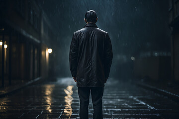 Lonely man standing in the rain with his hands in pockets. Dark night. Concept of loneliness,...