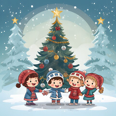 Fototapeta premium Welcome to a magical Christmas village! Amidst the snowy streets, charming houses glow with lights, while children skate on the ice and carolers sing by the illuminated tree. 