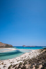 Beautiful white sand beach in famous Balos Beach lagoon landmark in Crete