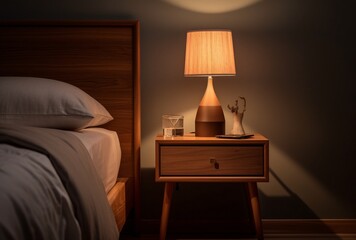 simple yet sophisticated wooden nightstand and lamp, photorealistic compositions, soft and dreamy, contemporary, postmodern, monochromatic depth, romantic interiors - obrazy, fototapety, plakaty