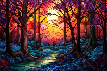 Stunning stained glass portraying a dusk forest. Generative AI