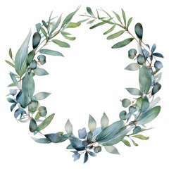 Watercolor Circular eucalyptus leaf frame, single, white background. AI generated