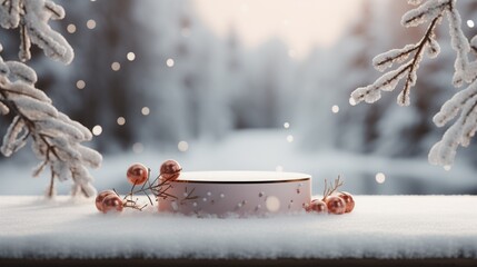 Minimal product display stand with winter nature landscape. Christmas and new year background. - obrazy, fototapety, plakaty