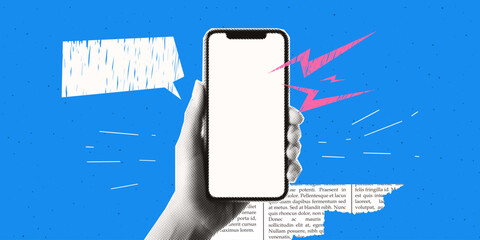 Hand holding a phone. Modern blue background with texture. Trendy retro style. Halftone collage and doodle of lightning.  - obrazy, fototapety, plakaty