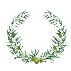Watercolor olive wreath with green olives. Isolated on white background. Hand drawn botanical illustration. Can be used for cards, emblem, logos and food design.
