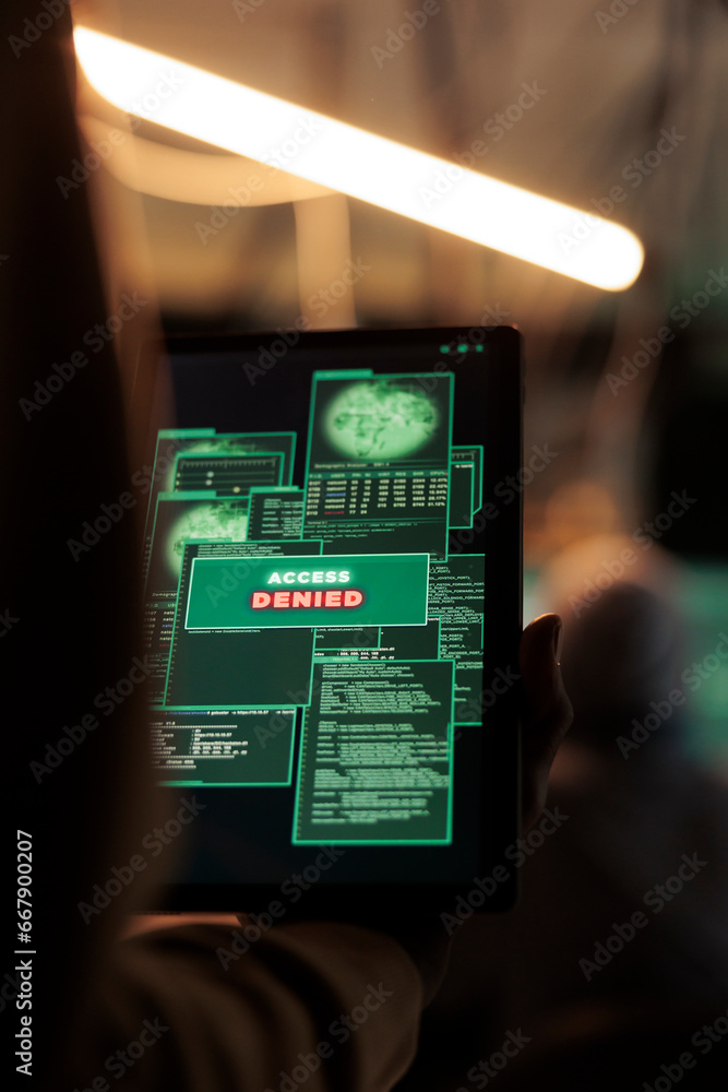 Aufkleber access denied message on digital tablet, hacker failed database hacking, unsuccessful password crack