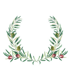 Watercolor olive wreath with green and red olives. Isolated on white background. Hand drawn botanical illustration. Can be used for cards, emblem, logos and food design.