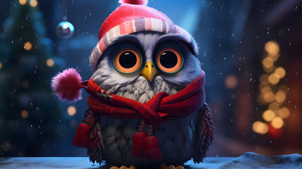 Christmas Owl in red scarf and hat with christmas tree in background. Owl in Santa Claus hat on the background of a Christmas tree.