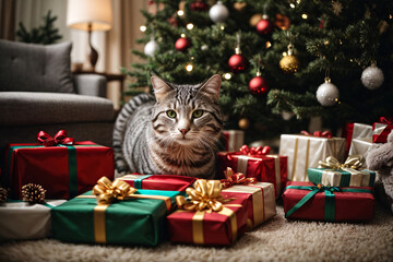 Cat by a christmas tree