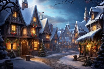Vintage style snowy Christmas village scene - AI Generated - obrazy, fototapety, plakaty