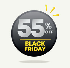55% off. Black friday promotion campaign. Tag special offer, sticker. Banner seventy five percent, price, value. Advertising sales, discount, shop. Sign, label, marketing, ads