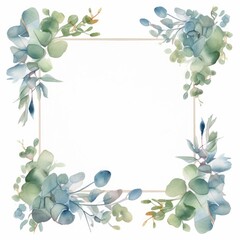 Eucalyptus leaf frame with a watercolor texture overlay on white background. AI generated