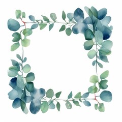Eucalyptus leaf frame with a watercolor texture overlay on white background. AI generated