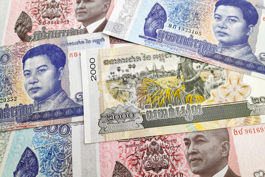 Stack of Cambodian riel banknotes