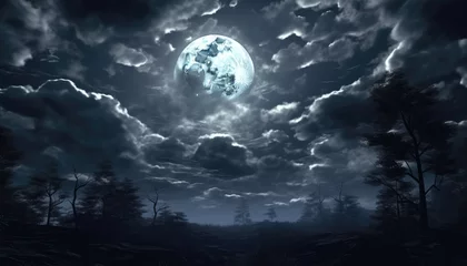 Afwasbaar Fotobehang Volle maan en bomen night , sky clear with some clouds around full moon glowing 