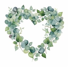 Watercolor Heart-shaped eucalyptus leaf frame on white background. AI generated
