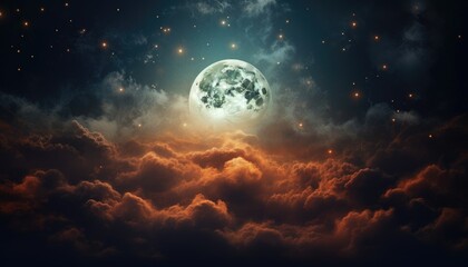 night , sky clear with some clouds around full moon glowing  - obrazy, fototapety, plakaty
