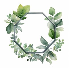 Watercolor Hexagon eucalyptus leaf frame, single, white background. AI generated