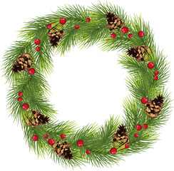 Fototapeta na wymiar Wide pine garland or wreath with pine cones and berries. Festive Christmas decor for sales, banners,invitations. Eps 10