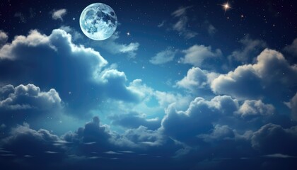 night , sky clear with some clouds around full moon glowing 