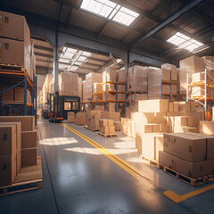 A modern warehouse containing boxes, logistics, shipping