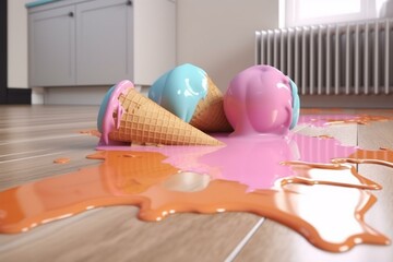 Cartoon melted ice cream on floor during summer. 3D illustration. Generative AI