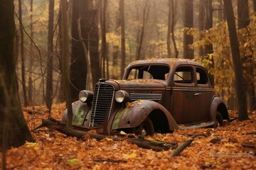 Abandoned vintage vehicle in the fall woods. Generative AI