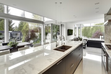 Contemporary kitchen with patio view in upscale home. Generative AI