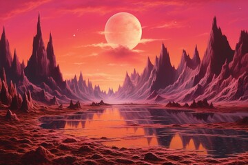 An artwork depicting an unreal scenery featuring a vivid pink sky. Generative AI
