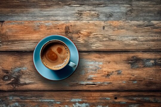 An image featuring a coffee cup on a wooden background. Generative AI