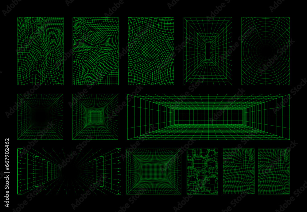 Poster retrofuturistic volumetric futuristic space graphic set. grid futuristic geometric wireframe. 3d dot