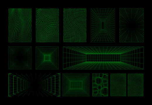 Retrofuturistic volumetric futuristic space graphic set. Grid futuristic geometric wireframe. 3D dot perspective, cyberspace, psychedelic background. Y2k, vaporwave, 80s, 90s, 2k. Vector wireframe