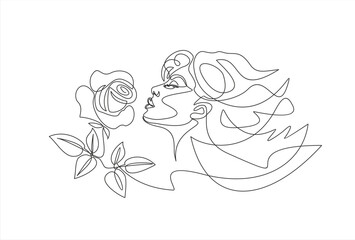 Continuous one line drawing. Style templates with abstract female face and rose. Modern minimalist simple linear style. Beauty fashion design