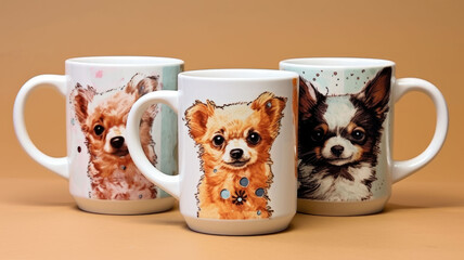 Three white ceramic mugs with cute puppies drawn on a clean beige background. The concept of friendship, friendly cozy gatherings, pleasant corporate tea parties in the break room with colleagues.