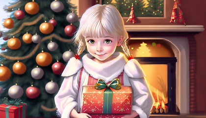 Mała dziewczynka trzyma w rękach prezent. W tle choinka i płonący kominek. Boże Narodzenie, tło, ilustracja - obrazy, fototapety, plakaty