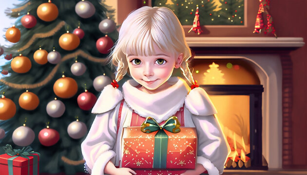 Fototapeta Mała dziewczynka trzyma w rękach prezent. W tle choinka i płonący kominek. Boże Narodzenie, tło, ilustracja